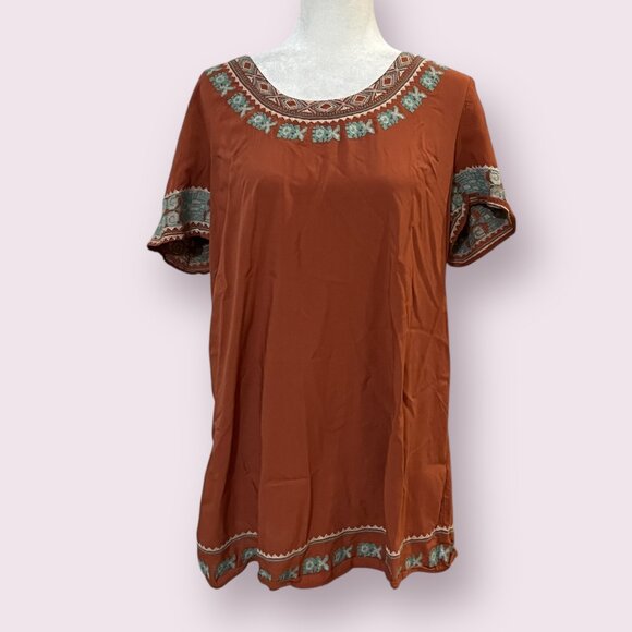MUR MUR Anthropologie Rust Embroidered Boho Tunic M Rayon Festival Ethnic Folk - Picture 2 of 11